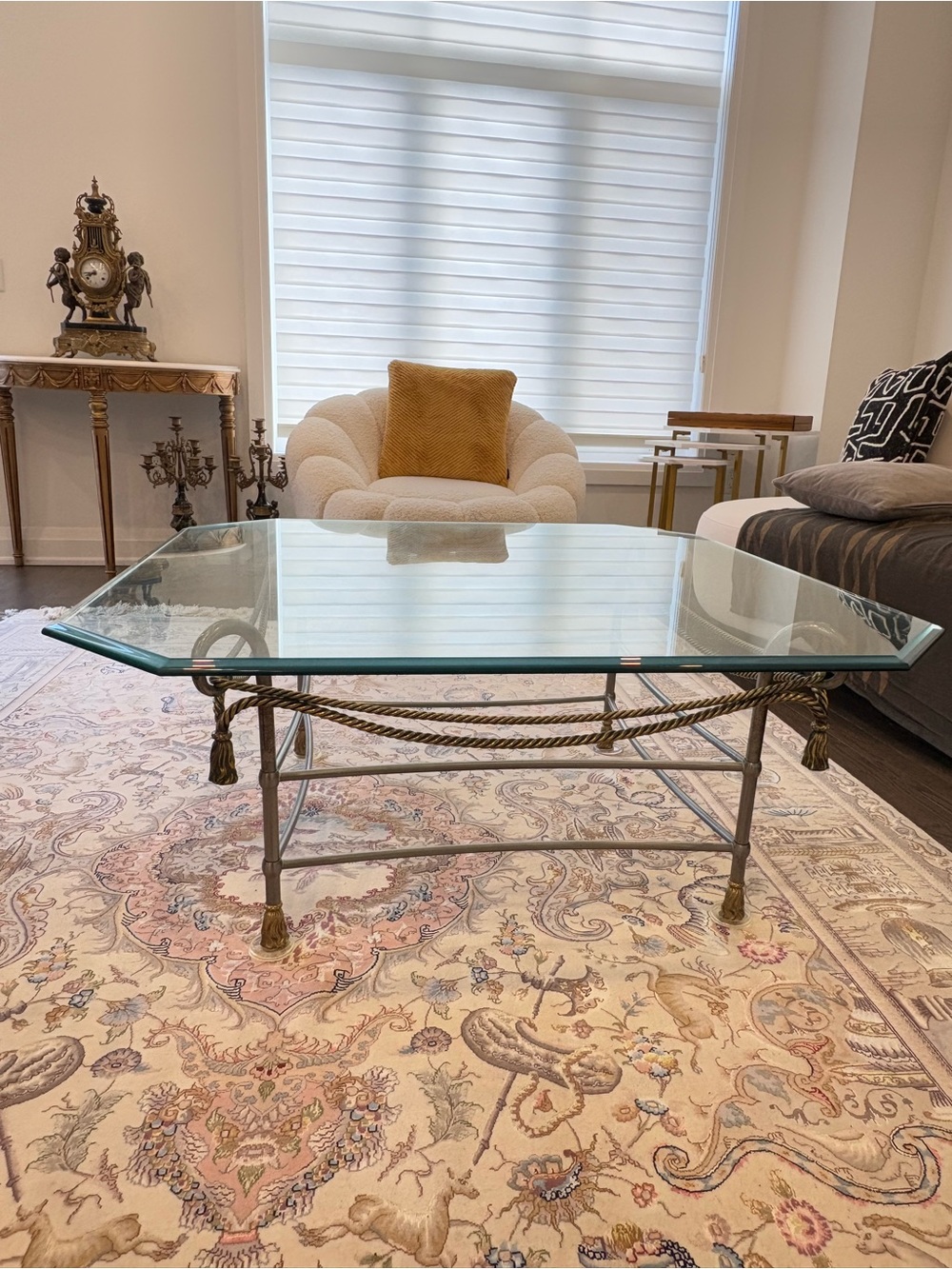 Glass Top Rope-Detail Coffee Table - Brass Finish - (Brand Unknown)